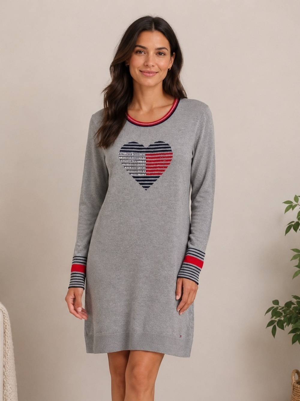 Tommy Hilfiger Embellished Heart Sweater Dress Size Large Gray Red Blue